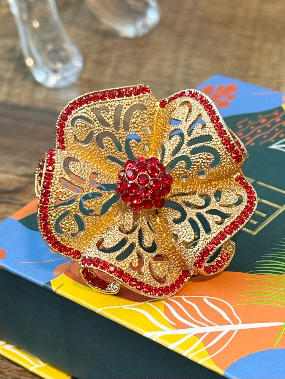 Sohi Gold-Tone Red CZ Flower Adjustable Ring